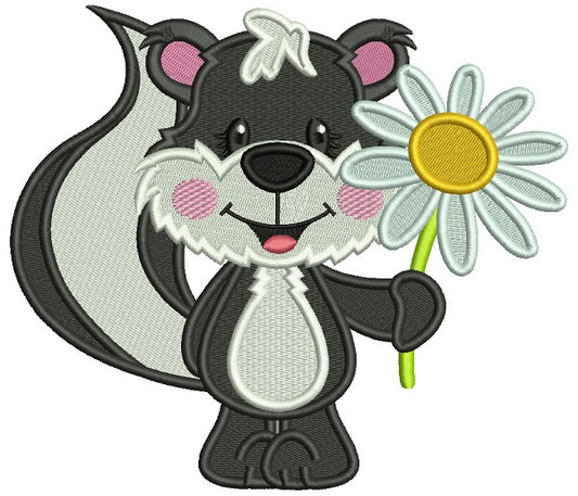 Cute Skunk Holding A Daisy Flower Filled Summer Machine Embroidery Design Digitized Pattern
