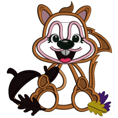 Cute Smiling Squirrel With Acorn And Leaves Fall Applique Thanksgiving Machine Embroidery Design Digitized Pattern