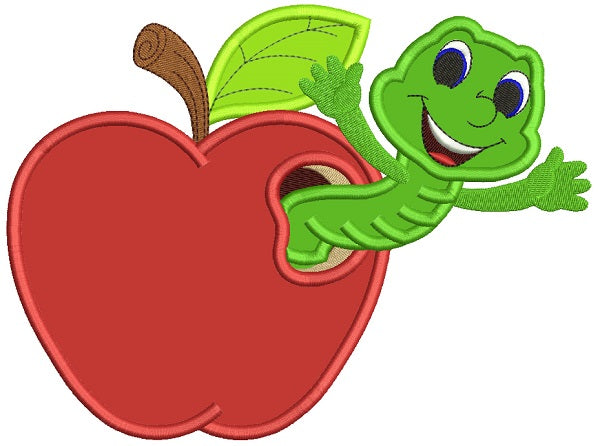 Cute Smiling Worm Inside Apple School Applique Machine Embroidery Design Digitized Pattern