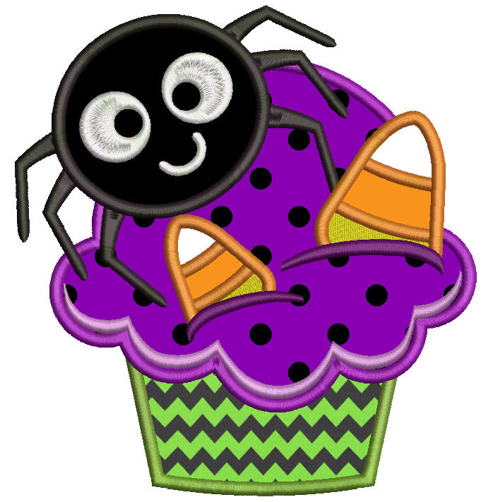 Cute Spider Sitting on a Cupcake With Candy Corns Halloween Applique Machine Embroidery Digitized Design Pattern