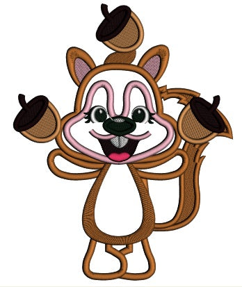 Cute Squirrel Juggling Acorns Fall Applique Thanksgiving Machine Embroidery Design Digitized Pattern