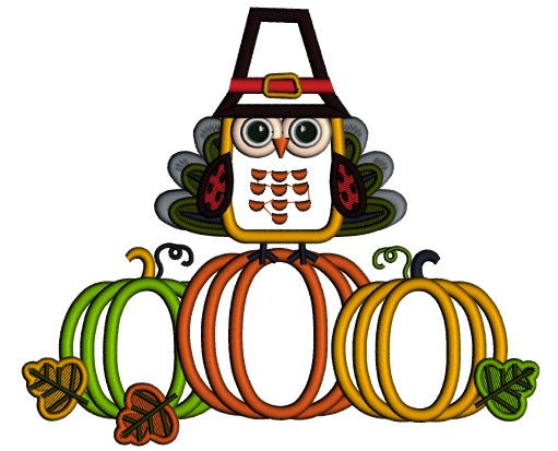 Cute Thanksgiving Turkey Wearing Big Hat And Sitting On Pumpkins Applique Machine Embroidery Design Digitized Pattern