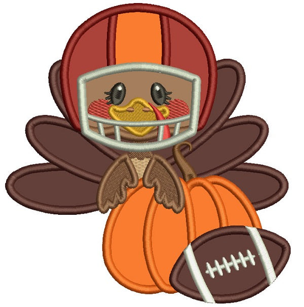 Cute Turkey Wearing Football Helmet Holding Pumpkin Applique Thanksgiving Machine Embroidery Design Digitized Pattern