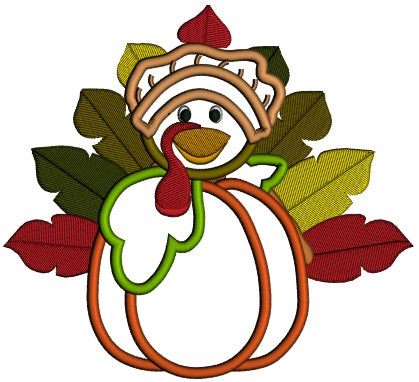 Cute Turkey With Gorgeous Feathers Behind a Pumpkin Thanksgiving Applique Machine Embroidery Digitized Design Pattern