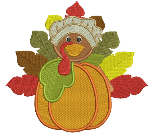 Cute Turkey With Gorgeous Feathers Behind a Pumpkin Thanksgiving Filled Machine Embroidery Digitized Design Pattern