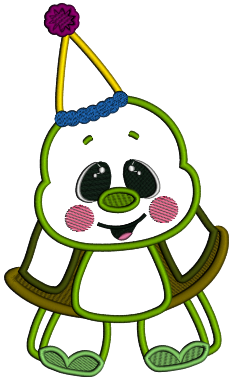 Cute Turtle Wearing Birthday Hat Applique Machine Embroidery Design Digitized Pattern