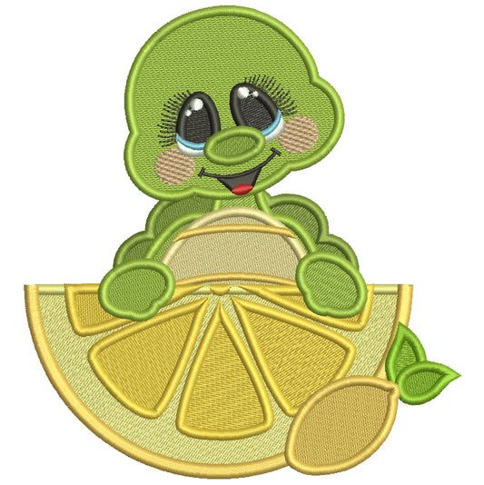 Cute Turtle With Lemon Summer Filled Machine Embroidery Design Digitized Pattern