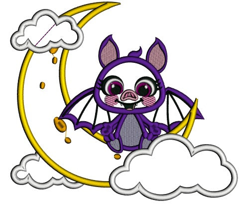 Cute Vampire Bat Sitting On The Moon Applique Halloween Machine Embroidery Design Digitized Pattern