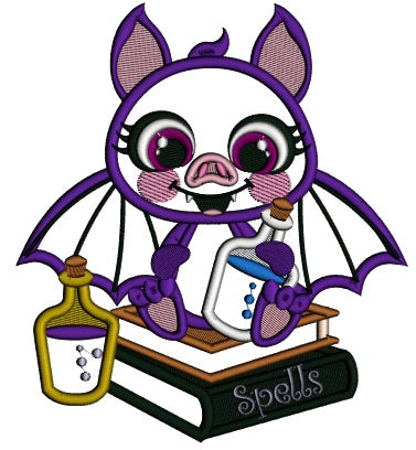 Cute Vampire Bat With Spells Books Applique Halloween Machine Embroidery Design Digitized Pattern