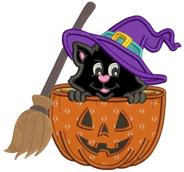 Cute Witch Cat With a Broom Sitting Inside a Pumpkin Halloween Applique Machine Embroidery Design Digitized Pattern