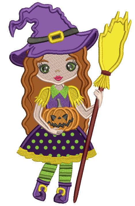 Cute Witch Holding a Broom and a Pumpkin Halloween Applique Machine Embroidery Design Digitized Pattern