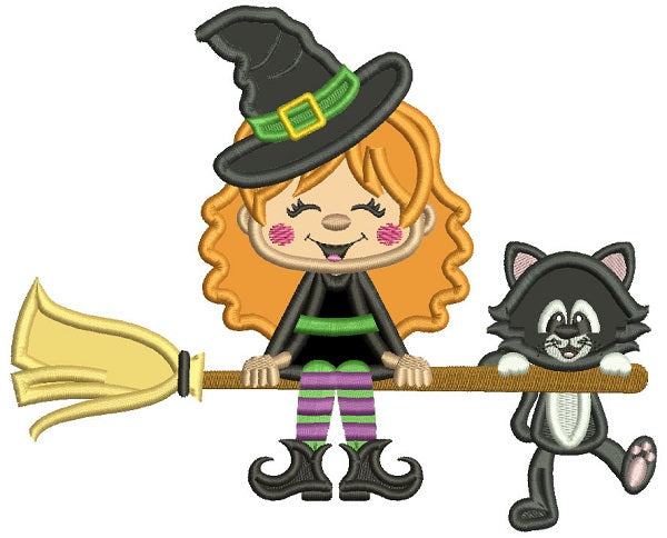 Cute Witch and a Cat Flying a Broom Halloween Applique Machine Embroidery Design Digitized Pattern