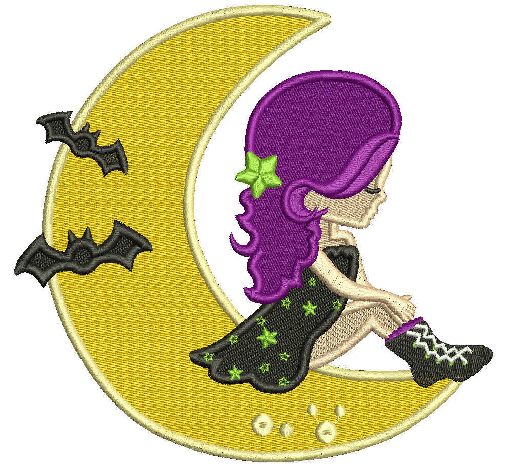 Cute Witch Sitting On The Moon With Bats Halloween Filled Machine Embroidery Design Digitized Pattern