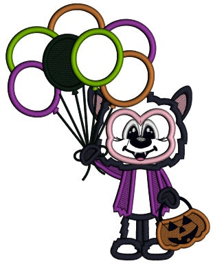 Cute Wolf Holding Balloons Halloween Applique Machine Embroidery Design Digitized Pattern