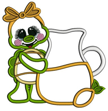 Cute baby Turtle Girl WIth Lemonade Jar Applique Machine Embroidery Design Digitized Pattern
