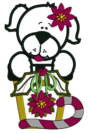 Cute Christmas Dog With Candy Cane Applique Machine Embroidery Design Digitized Pattern