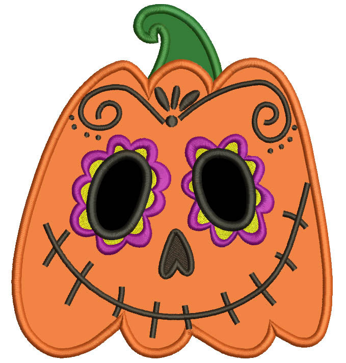 Day Of The Dead Sugar Skull Pumpkin Halloween Applique Machine Embroidery Design Digitized Pattern