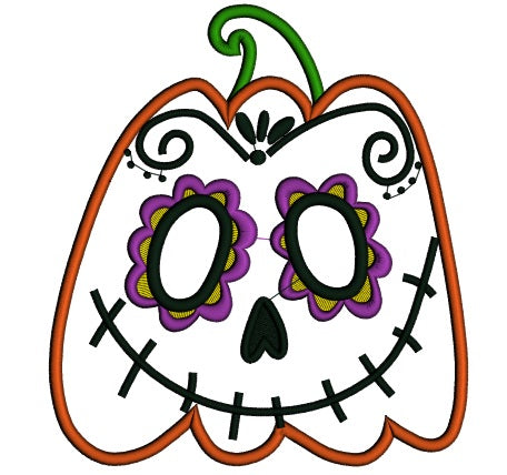 Day Of The Dead Sugar Skull Pumpkin Halloween Applique Machine Embroidery Design Digitized Pattern