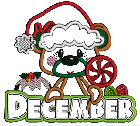 December Bear Holding Candy Christmas Applique Machine Embroidery Design Digitized Pattern