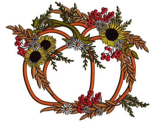 Decorative Pumpking With Sunflowers Thanksgiving Applique Machine Embroidery Design Digitized Pattern