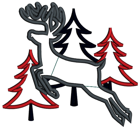 Deer And Christmas Trees Applique Machine Embroidery Design Digitized Pattern