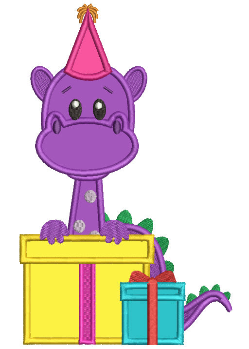 Dino Wearing a Birthday Hat Applique Machine Embroidery Design Digitized Pattern