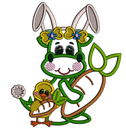 Dino With Little Chick Holding Carrots Applique Easter Machine Embroidery Design Digitized Pattern
