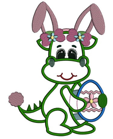 Dino with Bunny Ears and Easter Egg Applique Machine Embroidery Digitized Design Pattern
