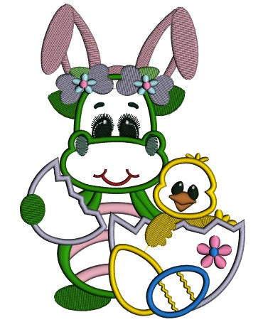 Dino with Bunny Ears and little chick Easter Applique Machine Embroidery Digitized Design Pattern