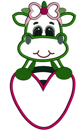 Dinosaur Girl Holding Big Heart Applique Machine Embroidery Design Digitized Pattern