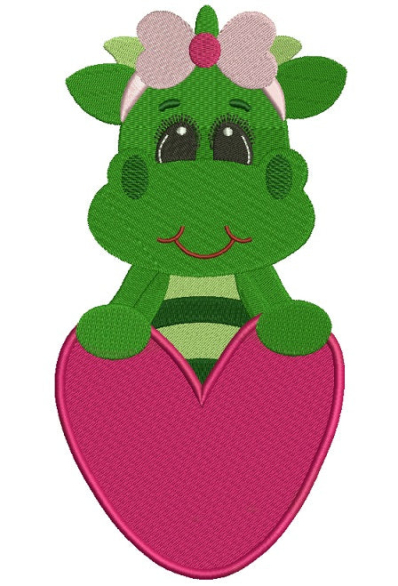 Dinosaur Girl Holding Big Heart Filled Machine Embroidery Design Digitized Pattern