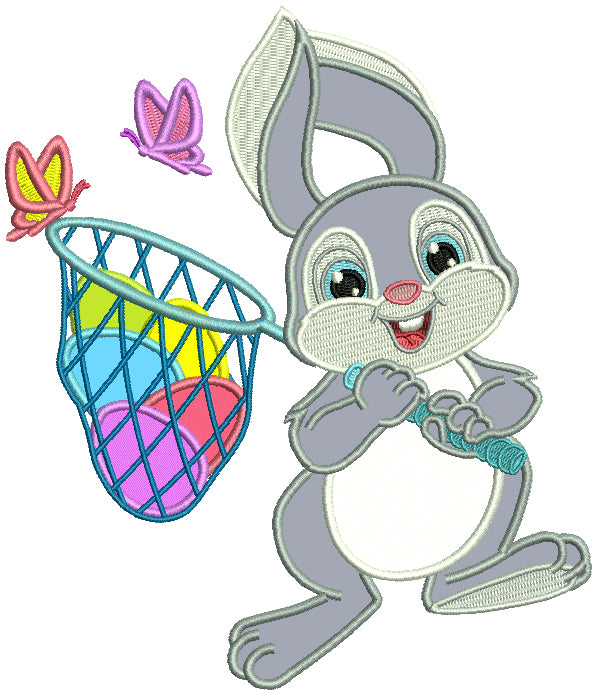 Easter Bunny Catching Butterflies Applique Machine Embroidery Design Digitized Pattern