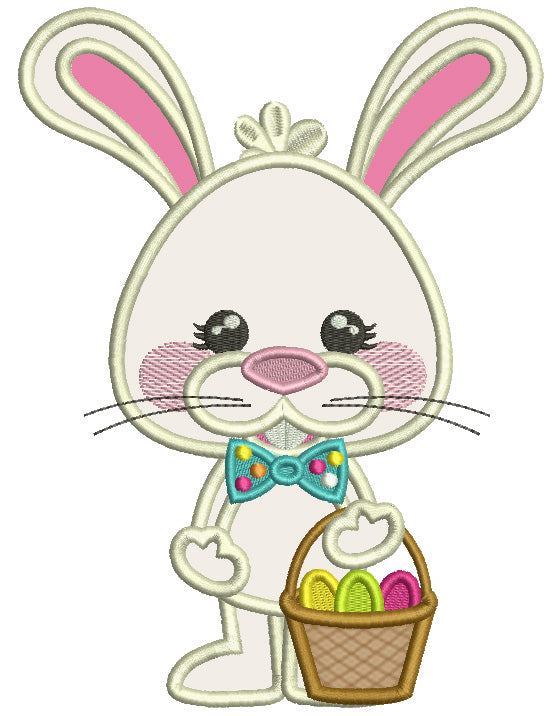 Easter Bunny Holding Basket With Three Eggs Applique Machine Embroidery Design Digitized Pattern