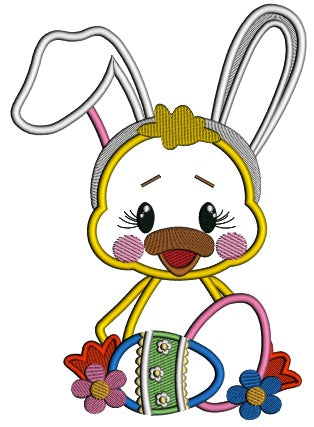 Easter Chick With Bunny Ears Holding Easter Eggs With Flowers Applique Machine Embroidery Design Digitized Pattern