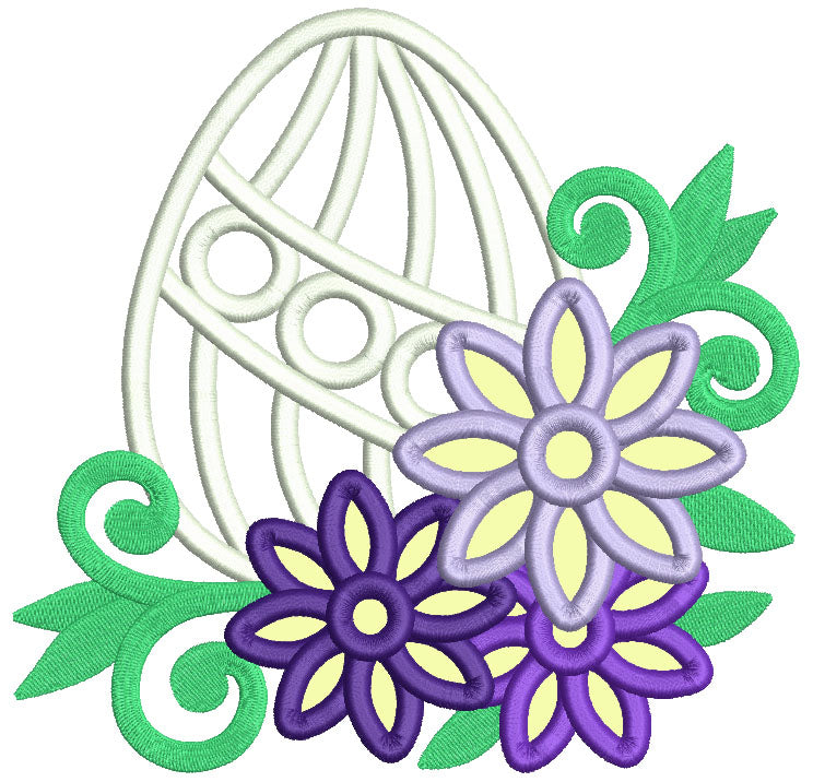 Easter Egg With Flowers and Green Vines Applique Machine Embroidery Design Digitized Pattern