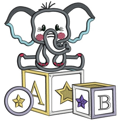 Elephant Sitting On School Blocks Applique Machine Embroidery Digitized Design Pattern