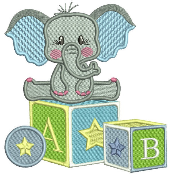 Elephant Sitting On School Blocks Filled Machine Embroidery Digitized Design Pattern