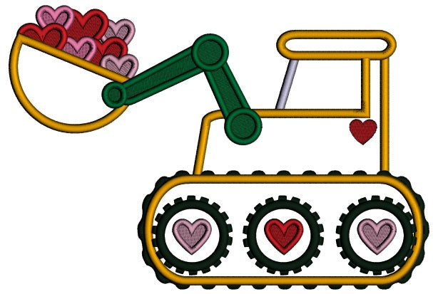 Excavator With Bucket Full Of Hearts Applique Machine Embroidery Design Digitized Pattern