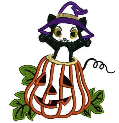 Excited Black Cat Sitting in the Pumpkin Halloween Applique Machine Embroidery Design Digitized Pattern