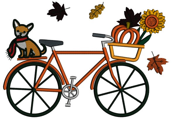 Fall Bike With a Cute Dog And a Pumpkin Applique Thanksgiving Machine Embroidery Design Digitized Pattern