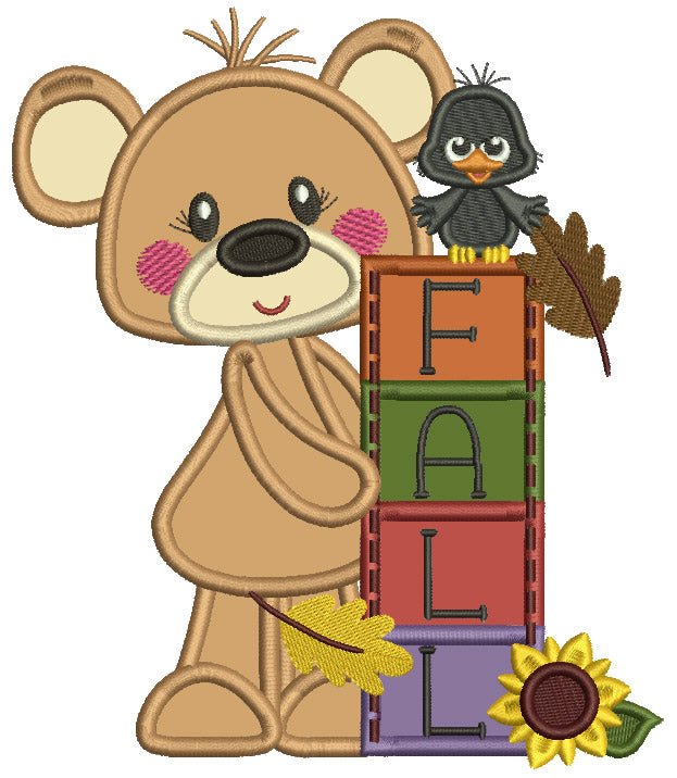 Fall Cute Bear With a Crow Applique Machine Embroidery Design Digitized Pattern