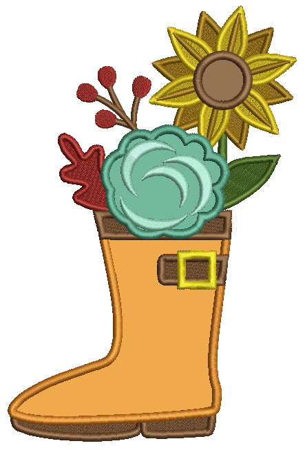 Fall Flowers Inside a Rain Boot Applique Machine Embroidery Design Digitized Pattern