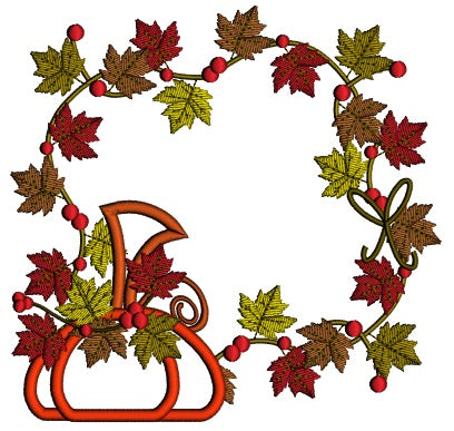 Fall Leaves and Pumpkin Ornament Arangement Applique Machine Embroidery Digitized Design Pattern