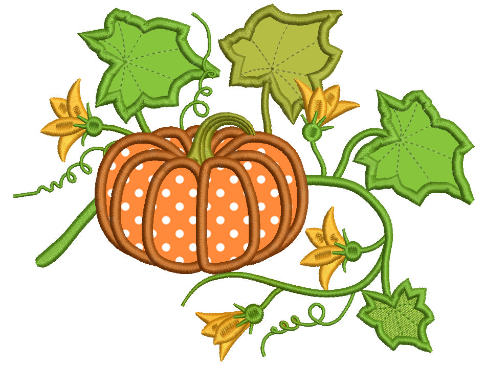 Fall Pumpkin With Wild Leaves Thanksgiving Applique Machine Embroidery Design Digitized Pattern