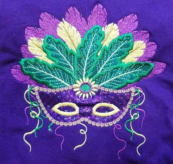 Fancy Mardi Gras Mask With Gorgeous Feathers Applique Machine Embroidery Design Digitized Pattern