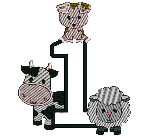 Farm Animals Birthday Number One Applique Machine Embroidery Design Digitized Pattern