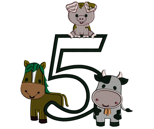 Farm Animals Bithday Number Five Applique Machine Embroidery Design Digitized Pattern