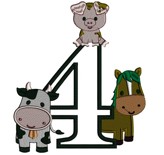 Farm Animals Bithday Number Four Applique Machine Embroidery Design Digitized Pattern