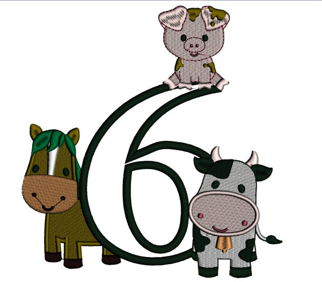 Farm Animals Bithday Number Six Applique Machine Embroidery Design Digitized Pattern