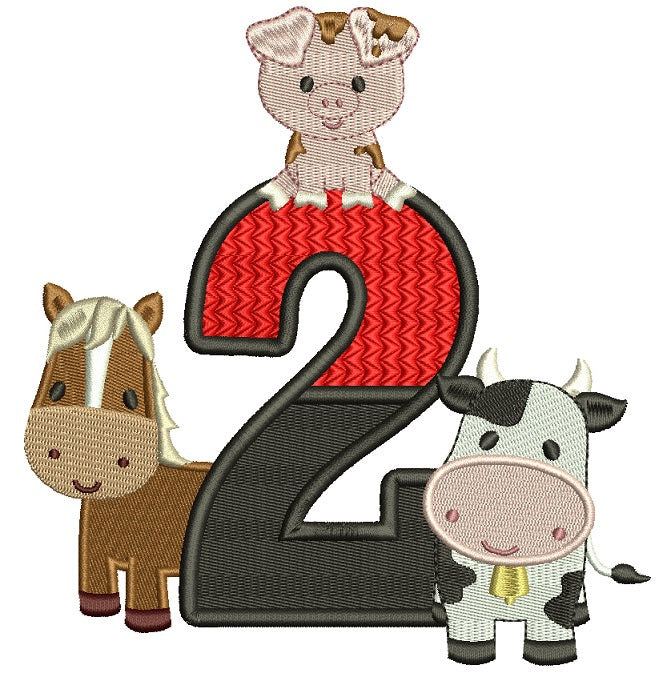 Farm Animals Bithday Number Two Half Split Filled Machine Embroidery Design Digitized Pattern
